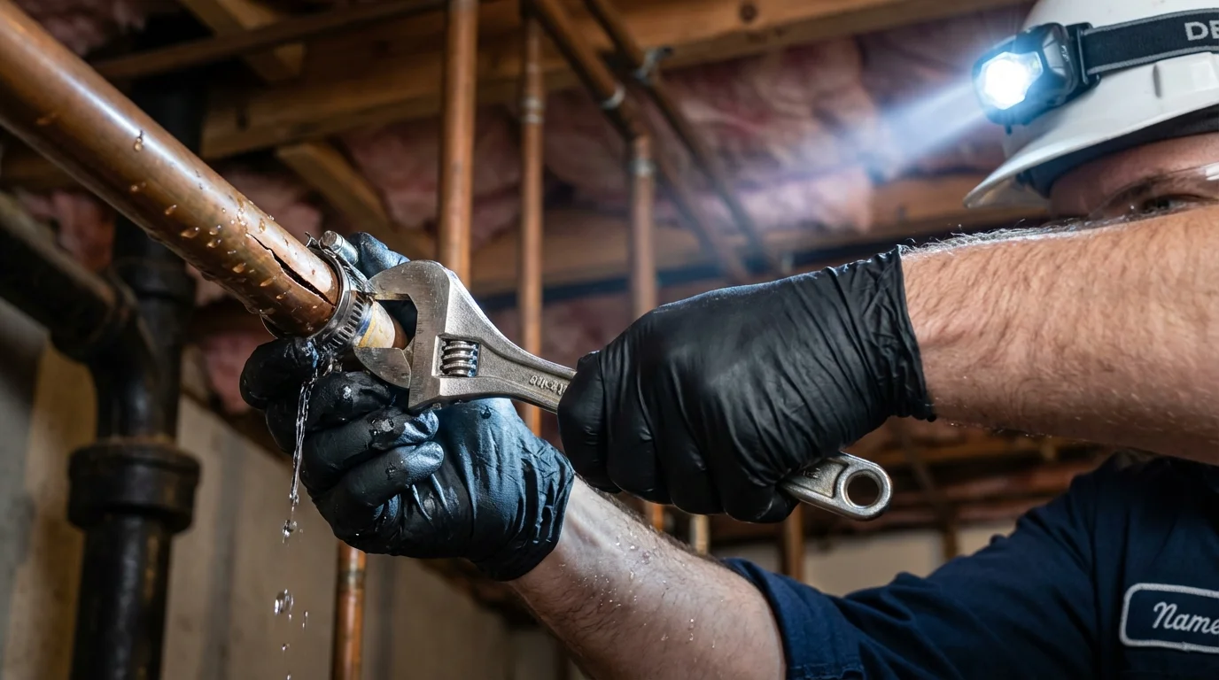Emergency pipe clamp repair being performed by a Johns Plumbing LLC plumber in Belleville