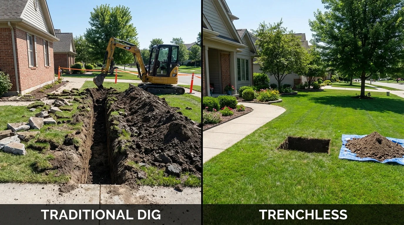 Trenchless sewer repair with minimal yard damage versus traditional excavation in Belleville, MI